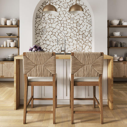 Nathan James Beacon Bohemian Boucle Bar Stool, Upholstered Counter Height Chair with Solid Wood Frame and Woven Seagrass Back for Kitchen Island, Light Brown/Seagrass/Cream Boucle