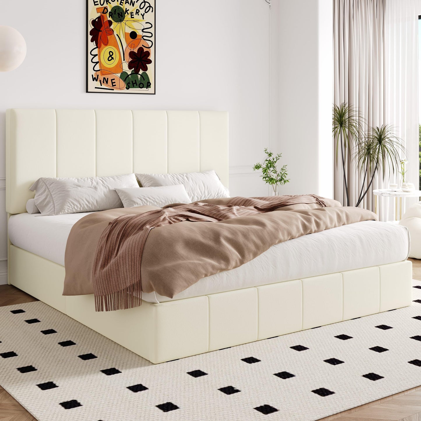 Allewie King Size Velvet Lift Up Storage Bed Frame, Vertical Channel Tufted Headboard, Hydrualic Underneath Storage, Upholstered Platform Bed, Wooden Slats Support, No Box Spring Needed, Cream