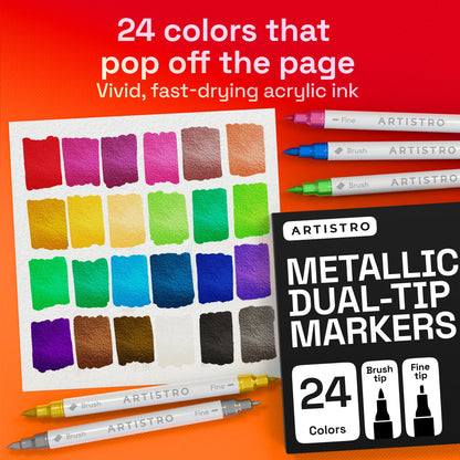 ARTISTRO 24 Metallic Acrylic Paint Markers - Paint Pens for Drawing, Brush + Fine Tips - For Fabric, Rock, Glass, Wood, DIY - Art & Craft Supplies for Adults, Teens, Kids - Teacher Appreciation Gift