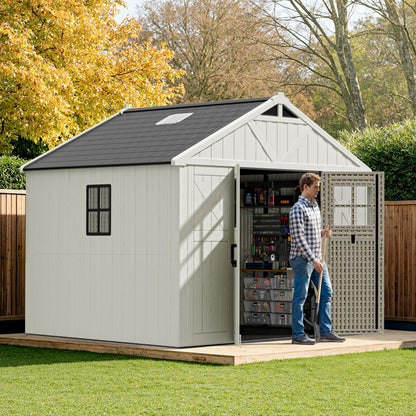 Patiowell 10 x 8 FT Outdoor Storage Shed, Plastic Shed with Floor and Skylight, Resin Storage Shed with Four-Window and Lockable Door for Garden, Patio, Backyard, Beige