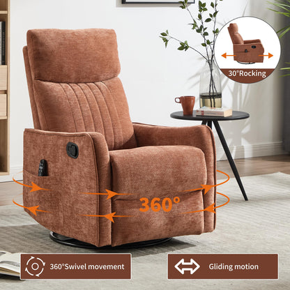 KEIKI 4-in-1 Manual Swivel Rocker Recliner Chair for Living Room, Chenille Nursery Glider Rocking Chairs with Back Massager & Heat, Built for Mobile Home Relaxation on Long Road Trips Journey, Orange