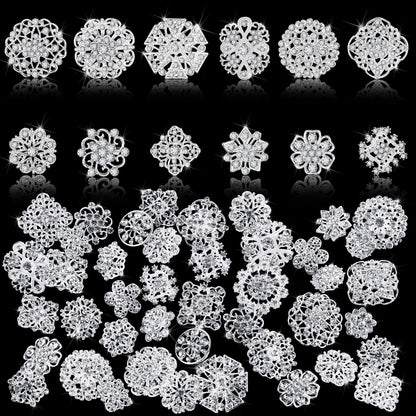 36 Pieces Clear Rhinestone Brooches for Crafts Crystal Flower Brooch Pins with Rhinestones Silver Bulk Brooches Jewelry for Woman Flower Lapel Badge Pins DIY Wedding Bouquet Broaches Kit (Silver)