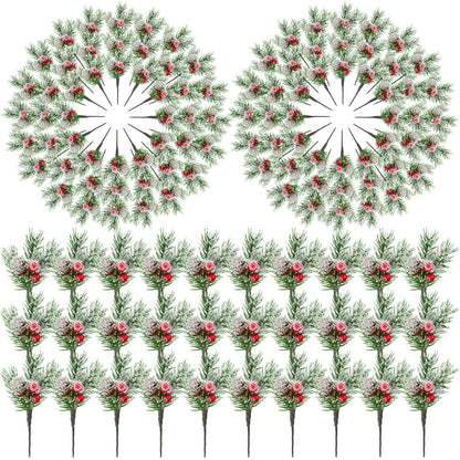 96 Pcs Christmas Picks and Sprays Christmas Tree Floral Picks Holly Red Berry Stem Spray Greenery for Craft Artificial Faux Pine Branches Cone Branches for Tree Home Decor Garland Wreath (Fresh)