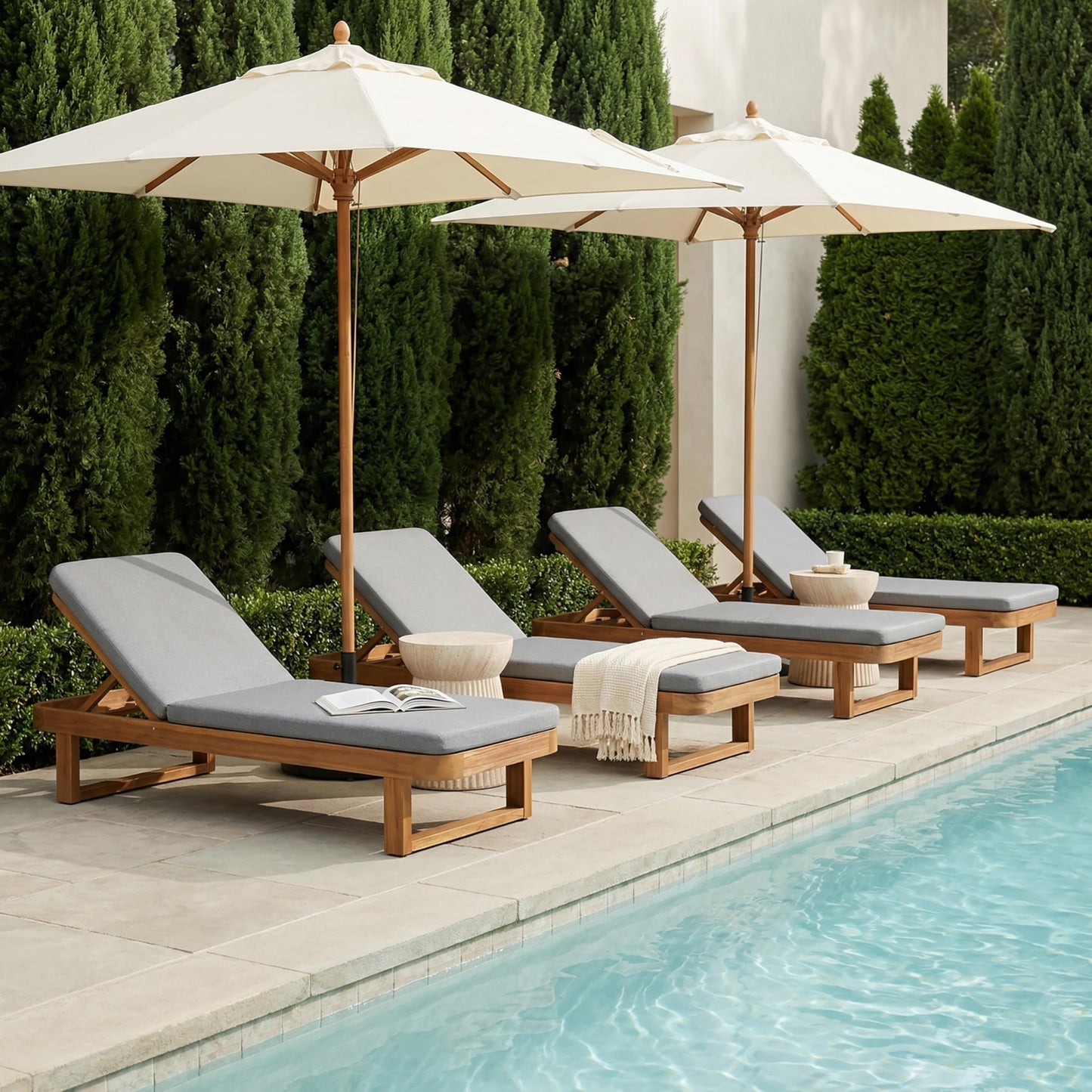 Christopher Knight Home Milos Acacia Wood Chaise Lounge Chair Outdoor Set of 4, Wooden Sunbathing Pool Lounger, Patio Chaise Lounge with Cushions, Adjustable Backrest Lounge Sofa, Light Gray+Teak