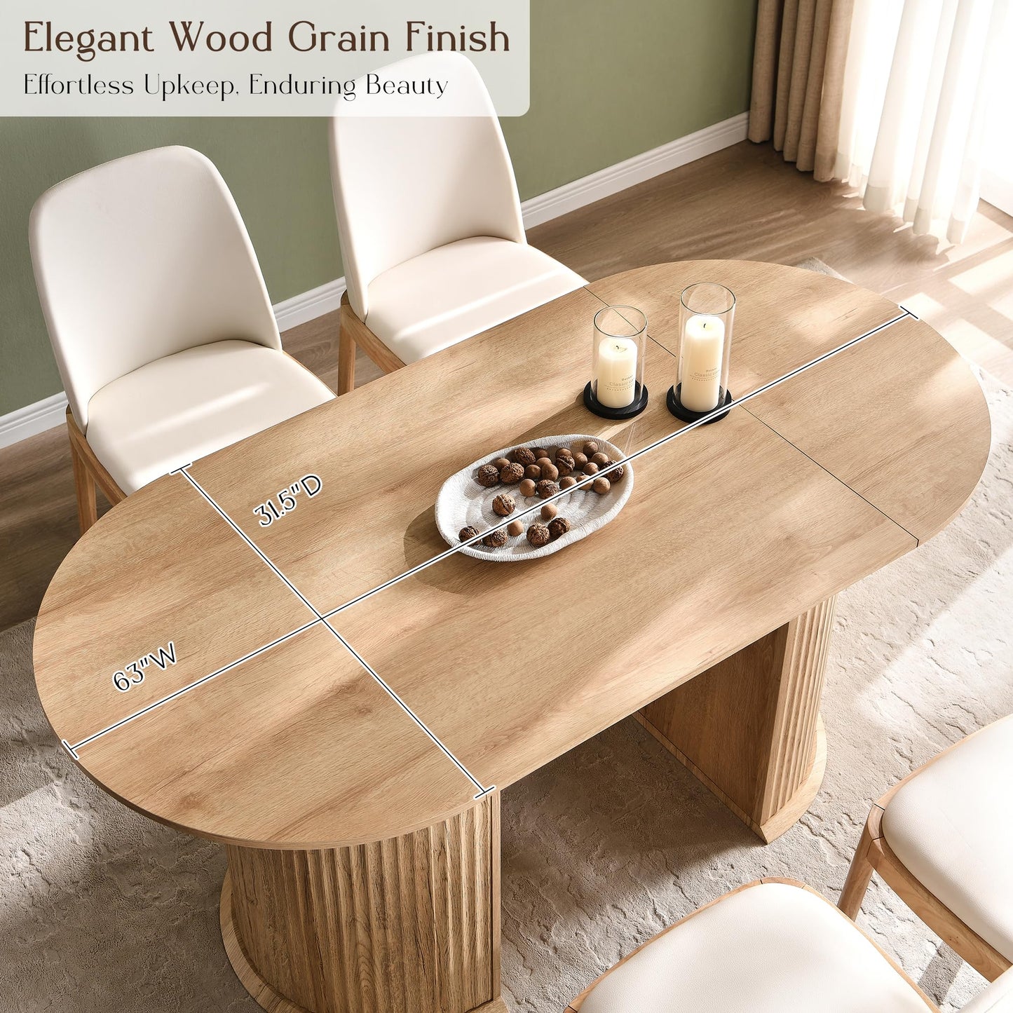 T4TREAM 63" Fluted Oval Dining Table for 4-6, Mid-Century Modern Kitchen Table with Thickened Edge & Semi-Cylindrical Base, Wood Table for Dining Room/Kitchen/Home Office, Natural Oak (Table Only)