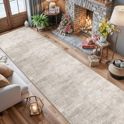 **Regine Switzerland Washable Runner Rug - Stain Resistant Abstract Design | 2'6"x14" Beige/Cream Soft Indoor Mat**