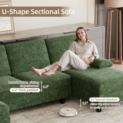 Shintenchi U-Shaped Sectional Couches for Living Room, 4 Seat Sofa with Double Chaise Lounges,Solid Wood Frame Sectional Sofa for Apartment,Green