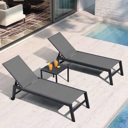 PURPLE LEAF Outdoor Chaise Lounge with Wheels for Outside 2 Pieces Aluminum Patio Lounge Chair with 5 Adjustable Position Sunbathing for Patio, Beach, Yard, Pool, Side Table Included, Grey