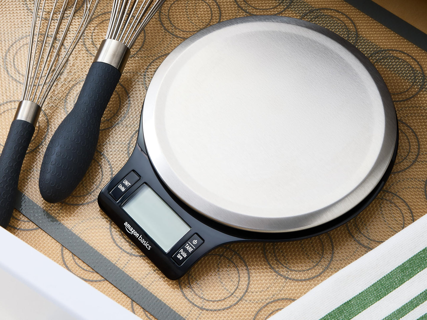 Amazon Basics Digital Kitchen Scale with LCD Display, Tare Function, Multiple Units, Weighs up to 11 Pounds, Batteries Included, Black and Stainless Steel
