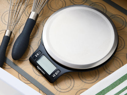 Amazon Basics Digital Kitchen Scale with LCD Display, Tare Function, Multiple Units, Weighs up to 11 Pounds, Batteries Included, Black and Stainless Steel