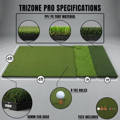 TriZone Pro - 6x4ft Premium Golf Mat | Tri Turf Golf Hitting Mat | Golf Mats Practice Indoor, Outdoor, with Simulator | Thick Base | Extra Large Size | Durable Golf Practice Mat with Tees