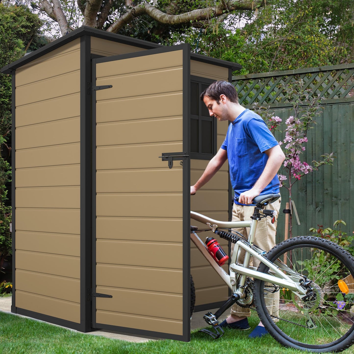 DWVO 5x3ft Resin Outdoor Storage Shed with Floor, Waterproof Lockable Storage Shed with Window, Plastic Outside Tool Storage for Garden Backyard Patio Lawn