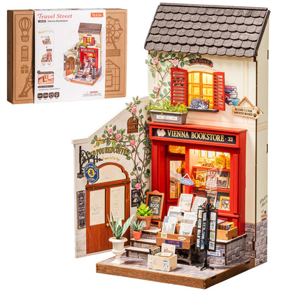 Rolife Book Nook Kit, Vienna Bookstore DIY Miniature Dollhouse Kit with LED Light, 1:18 Scale Miniature Wooden Puzzle for Adults, Mini Building Kit Bookshelf Library Theme Birthday Crafts Gift Decor