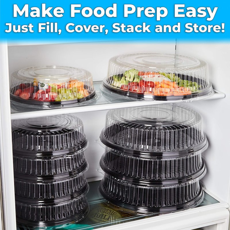 Avant Grub Heavy Duty, Recyclable 16 in. Serving Tray and Lid 10pk. Large, Black Plastic Party Platters with Clear Lids Dishware Plate, Elegant Round Banquet or Catering Trays for Serving