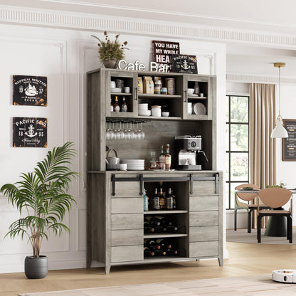 GarveeHome 70 in Tall Farmhouse Coffee Bar Cabinet, Kitchen Hutch Storage with Sliding Barn Door, Kitchen Buffet with Wine Rack, Glass Holder, Wine Bar Cabinet for Dining Room, Living Room, Gray