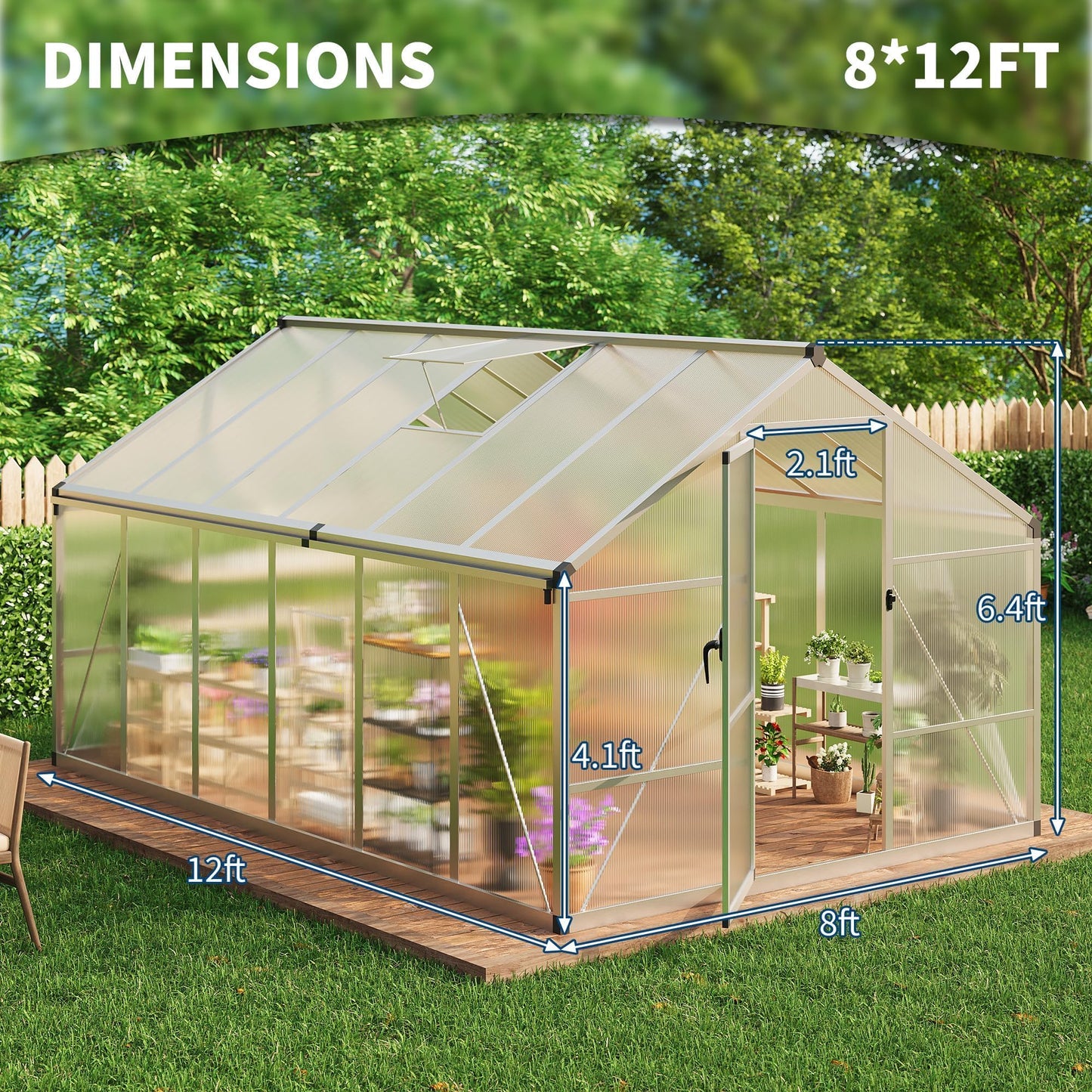 8x12 FT Greenhouse for Outdoors, Polycarbonate Greenhouse with Roof Vent, Ground Nails, Lockable Push Door, Aluminum Large Walk-in Green House for Outside Garden Backyard, Patio, Lawn, Silver