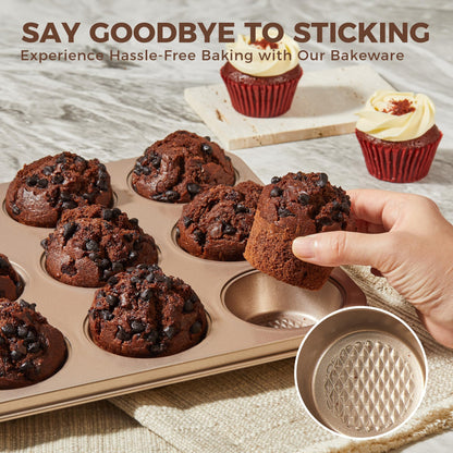 HONGBAKE 9-Piece Baking Pans Set Nonstick, Stackable Non Toxic Bakeware Sets with Diamond Texture, Oven Pan Set for Cooking, Includes Cookie Sheet with Rack, Cake Pan, Roasting Pan, Muffin Tin, Gold
