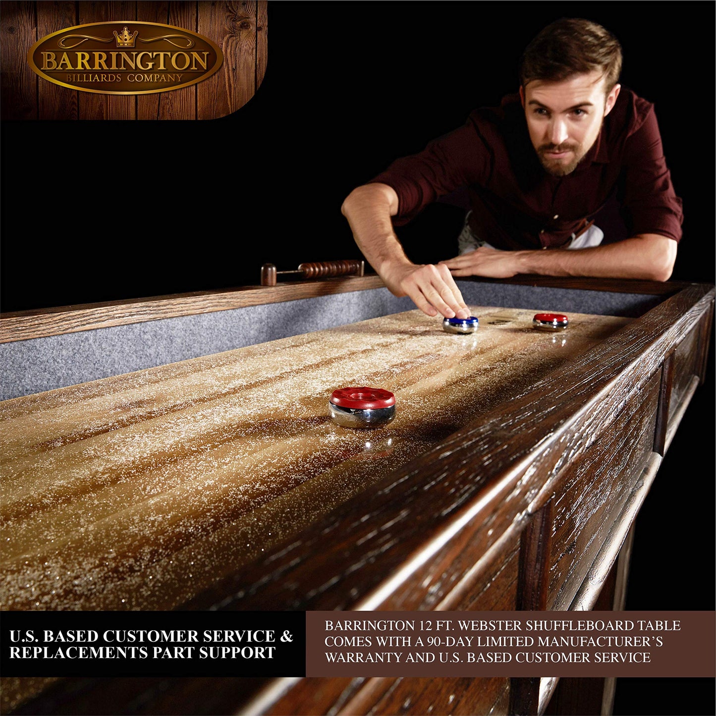Barrington Billiards 12' Webster Shuffleboard Table with Scratch-Resistant Playfield and 8 Puck Set