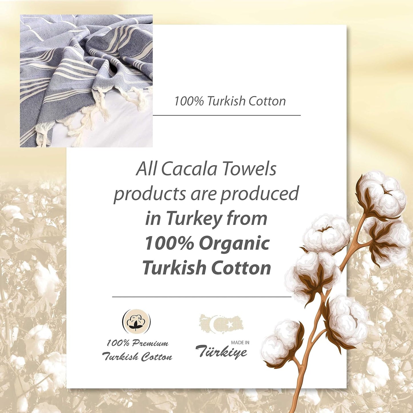 Cacala Turkish Hand Loomed Towels, 100% Cotton Sultan Series, 37" x 70" for Shower, Spa, Pool, Gym, Yoga