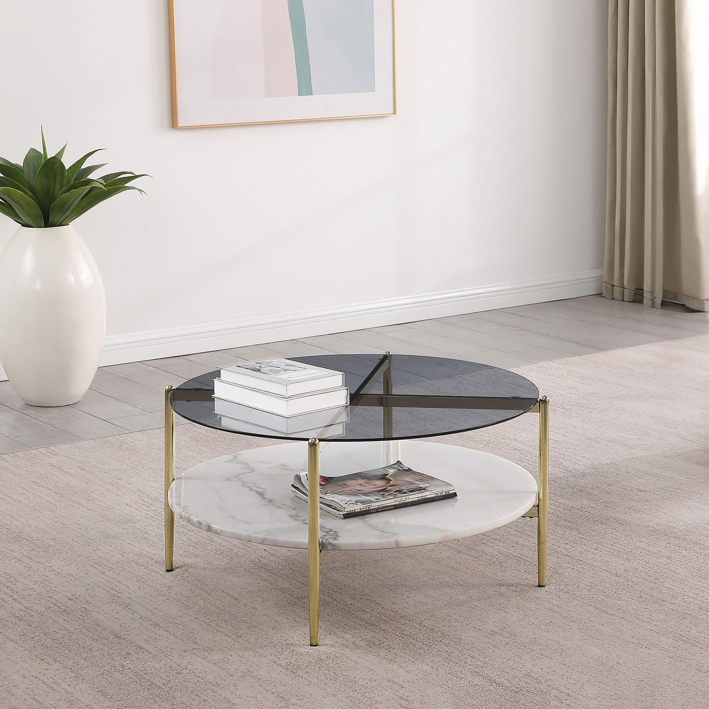 Coaster Home Furnishings - Jonelle - Round Coffee Table with Glass Top, White Marble Shelf and Gold Chrome Frame - Living Room - 33-Inch - Smoke - 710338
