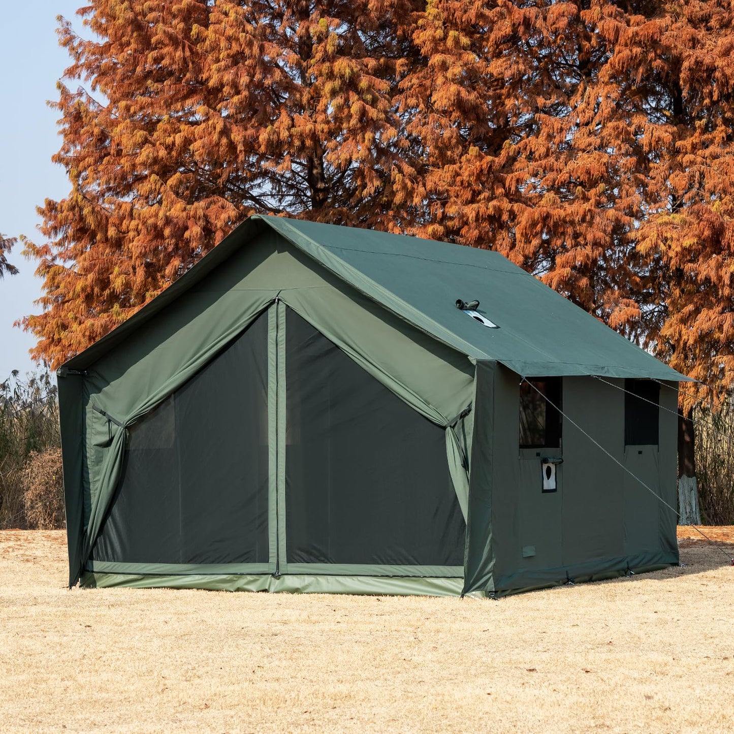 WaldZimmer Cotton Canvas Wall Tent with Rain Canopy Waterproof Outdoor Tent for Hunting Family 4 Season Camping Tents Heavy Duty Steel Frame&PVC Floor, Green