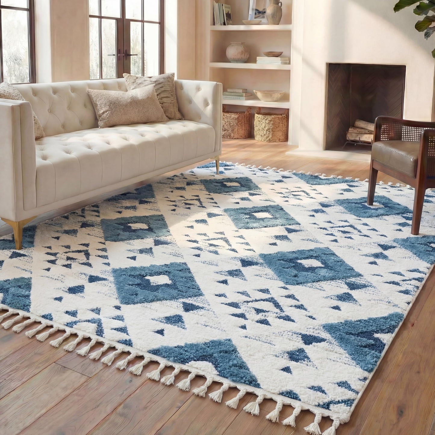 SAFAVIEH Area Rug 8x10 - Moroccan Tassel Shag Collection - Large - Blue & Ivory, Non-Shedding & Easy to Clean, Plush High-Low Texture, Ideal for Living Room, Bedroom, Dining Space (MTS688M)