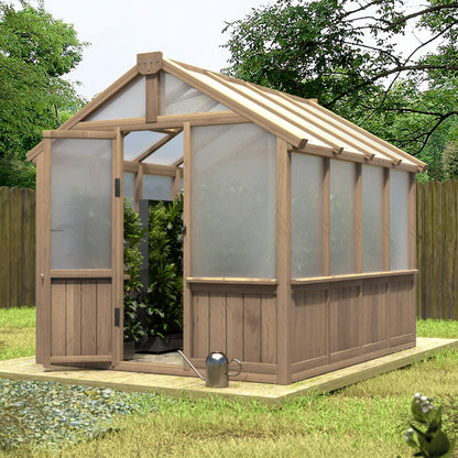 Mupater 6 x 8 FT Wooden Polycarbonate Greenhouse with Ventilated Window and Lockable Door, 6mm PC Panels for UV Protection, Walk-in Greenhouse Kit for Outdoor, Garden and Backyard, Brown