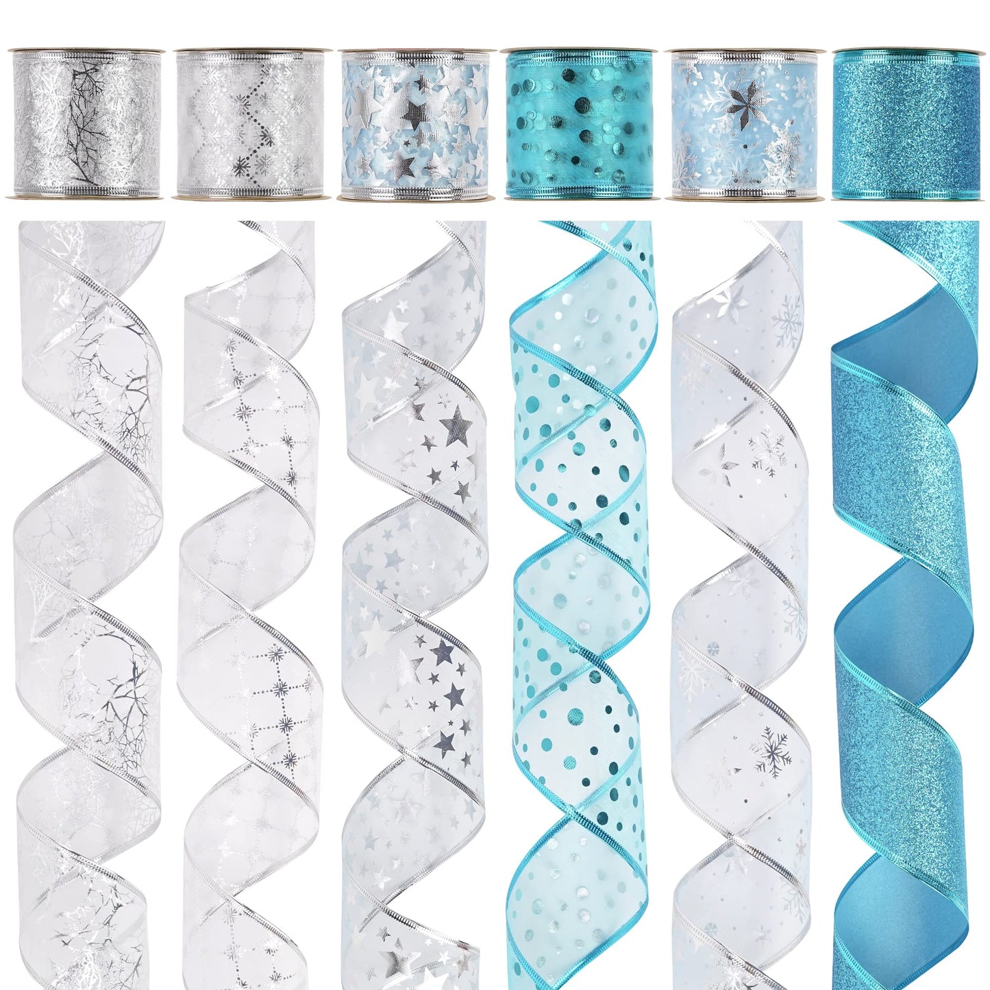 MEEDEE Turquoise Christmas Ribbon - 2.5 Inch, 6 Rolls, 36 Yards - Blue & Silver for Christmas Tree