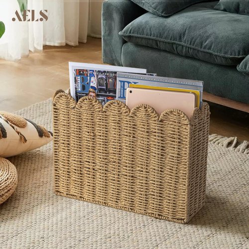 AELS Woven Natural Fibre Magazine Holder, Scalloped Edge Floor Magazine Rack, Hand-woven Organizer, Boho Modern Farmhouse Book Basket, File Newspaper Mail Holder for Office