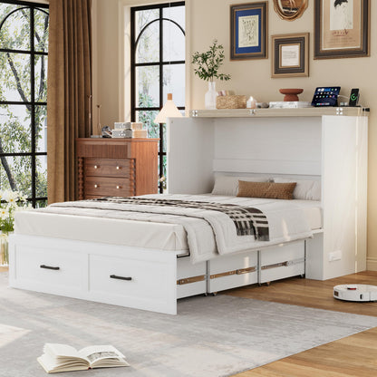 DNYN Farmhouse Murphy Cabinet Bed with Large Storage Drawer for Bedroom/Guest Room, Full-Size Foldable Wall Bed Frame with Charging Station, Space-Saving Design & No Box Spring Needed