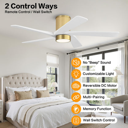 WINGBO 54 Inch Flush Mount Rattan Ceiling Fan, 3CCT Dimmable Light, 5 Carved Wood Blades, 6-Speed Reversible DC Motor, Modern Ceiling Fans for Indoor, Aged Brass Finish and White Blades