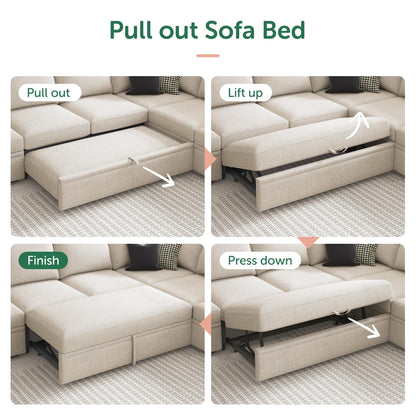 HONBAY Modular Sectional Sleeper Sofa with Pull Out Bed, U Shaped Sectional Couch with Storage Ottoman, Sleeper Sectional Couches for Living Room, Beige