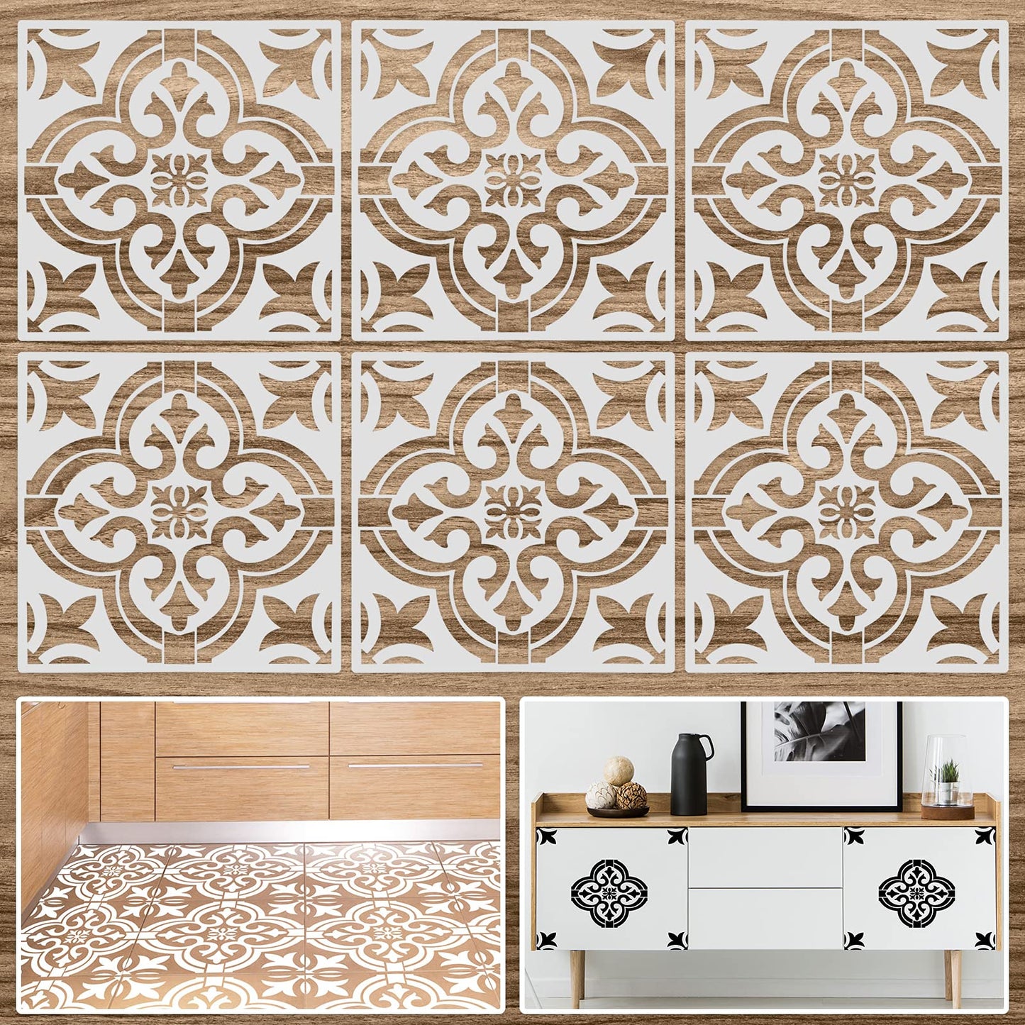 Mandala 6 Pieces Reusable Tile Stencil 12 x 12 Inches Wall Templates Tile Pattern Stencil Mandala Drawing Templates for DIY Scrapbooks Wall Floor Home Decors