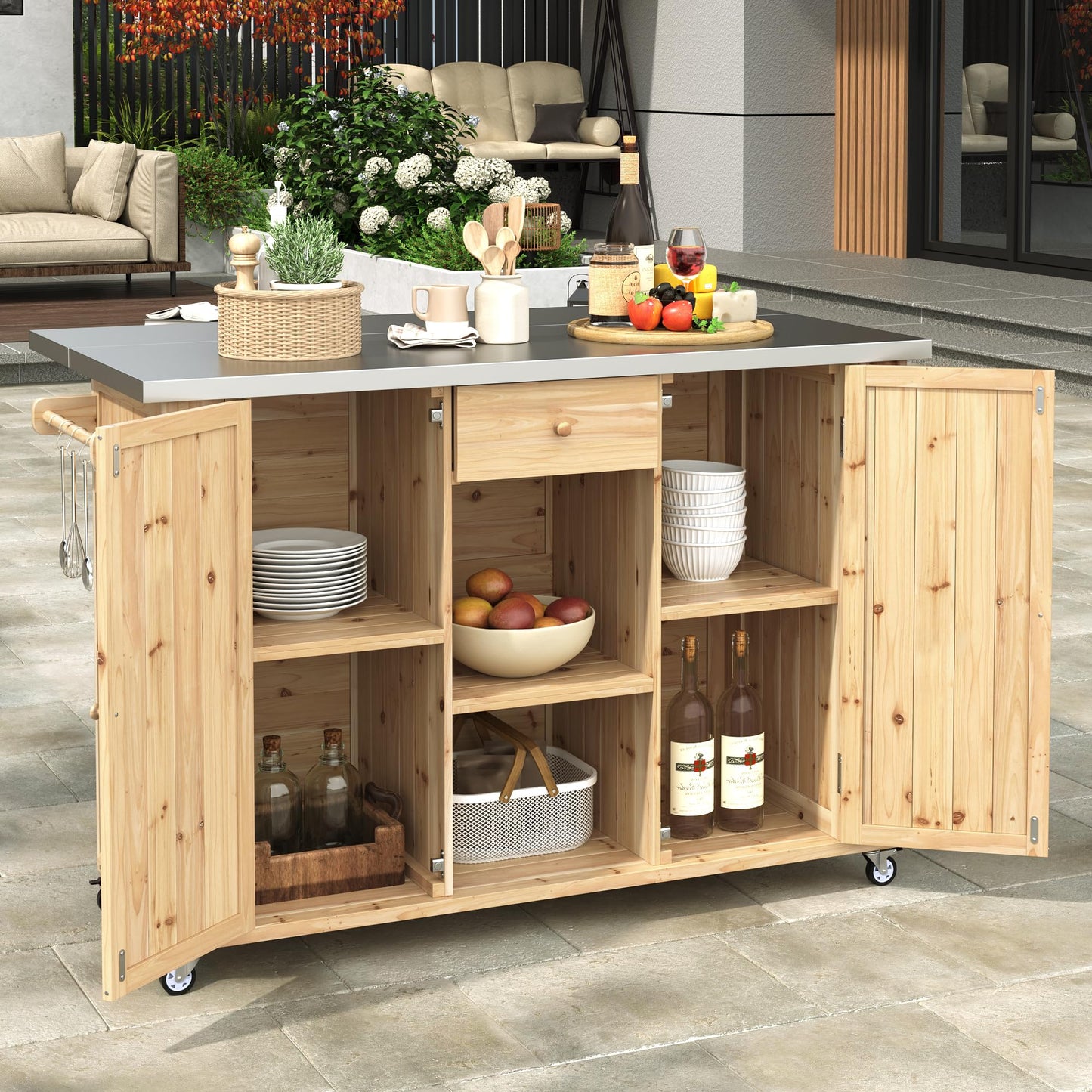 52.25" W Outdoor Grill Cart Table with Stainless Steel Tabletop, Patio Kitchen Island Storage Cabinet for BBQ, Bar