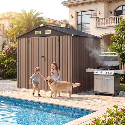 IRONCK 6×8 FT Shed, Galvanized Steel Tool Storage Shed with Lockable Double Doors & Ventilation, Outdoor Utility Storage for Wheelbarrow, Bikes, Yard Bins, Black Brown