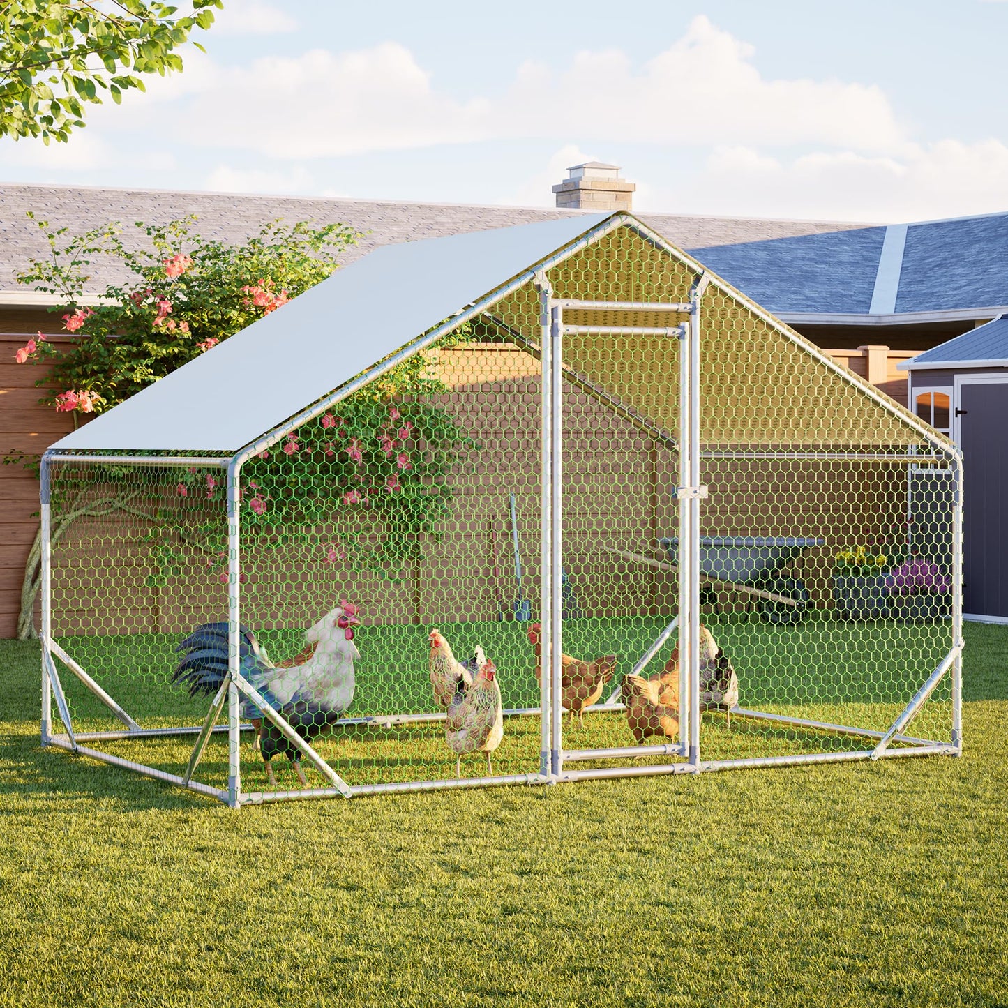 YOPTO Large Metal Chicken Coop,10x6.6x6.56ft Walk-in Chicken Run W/Waterproof & Anti-Ultraviolet Cover,Chicken Pen W/Lockable Door,Outdoor Poultry Cage for Hens,Ducks,Rabbits