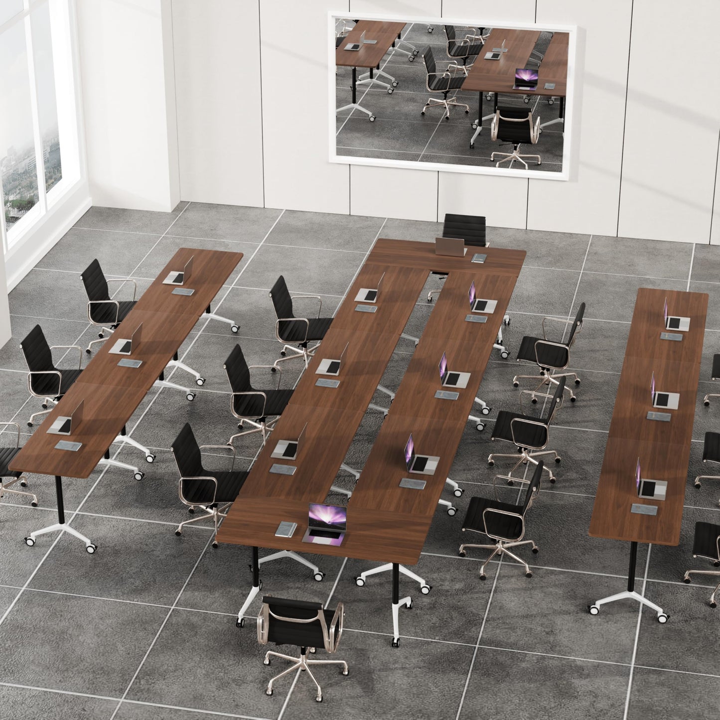 Folding Conference Table, Conference Room Tables with Wheels Foldable Large Rectangle Meeting Seminar Table for 6-12 People, Flip Top Mobile Training Table for Office Classr (4, Walnut 2, 55.1in)