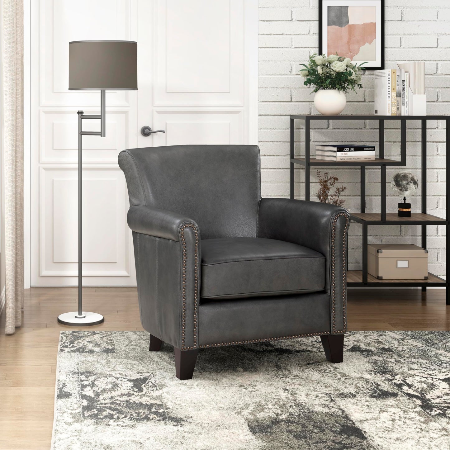 Lexicon 100% Top Grain Genuine Leather Chair, Leather Accent Chairs for Living Room, Solid Wood Frame, Rolled Armrest & Nailhead Trim, Comfy Reading for Bedroom, Office, Waiting Room, Classic Gray