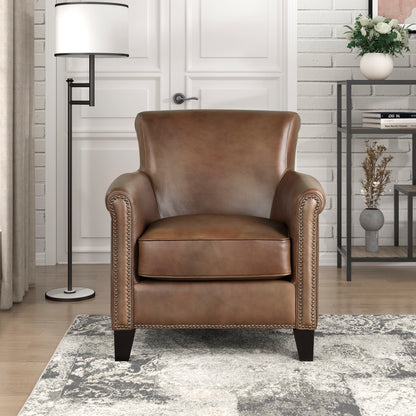 Lexicon 100% Top Grain Genuine Leather Chair, Leather Accent Chairs for Living Room, Solid Wood Frame, Rolled Armrest & Nailhead Trim, Comfy Reading for Bedroom, Office, Waiting Room, Classic Brown