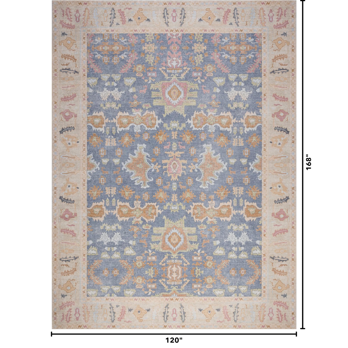 Kuden 10x14 Large Area Rug, Machine Washable Area Rug with Non-Slip Backing, Vintage Style, Soft, Easy Clean, Low Pile Rug for Living Room, Bedroom, Dining Room