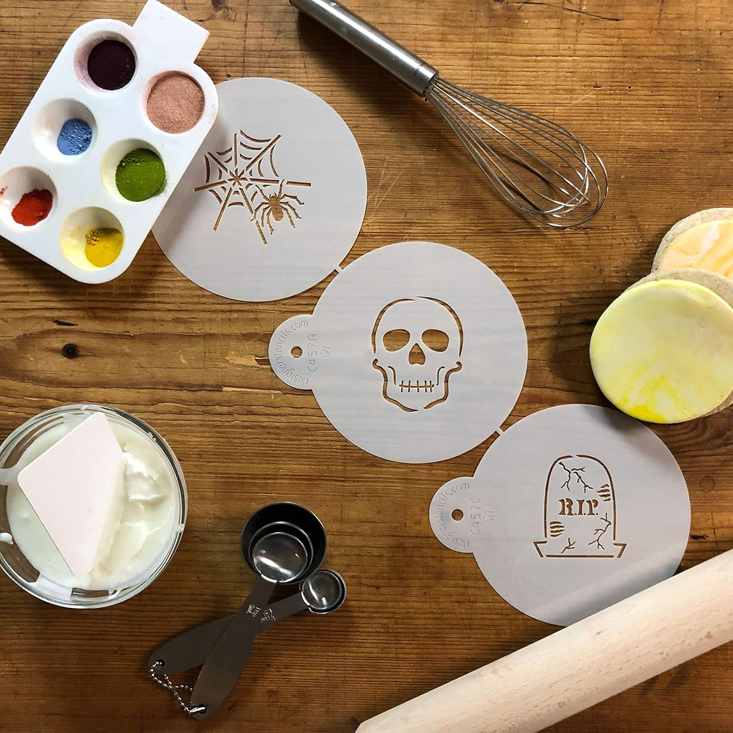 Designer Stencils Scary Halloween Cookie Stencil Set, (Spider Web, Skull, Gravestone)