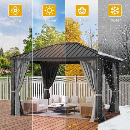 DWVO Gazebo Hardtop 10x12ft Single Roof Heavy Duty Canopy Galvanized Steel Outdoor with Nettings and Curtains for Patio, Backyard, Deck, Lawns, Grey