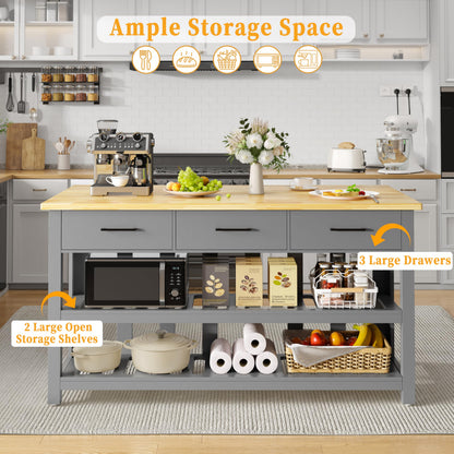 DynJest 60" Solid Rubberwood Kitchen Island with Power Outlets - Extra Large Work Surface, 3 Drawers & 2 Open Shelves Storage Cabinet for Kitchen Dining Room, Farmhouse Style (Grey)