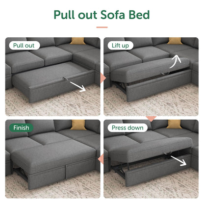 HONBAY Modular Sectional Sleeper Sofa Bed, Sectional Couch with Pull Out Bed U Shaped Modular Couch with Storage Ottoman for Living Room, Dark Grey