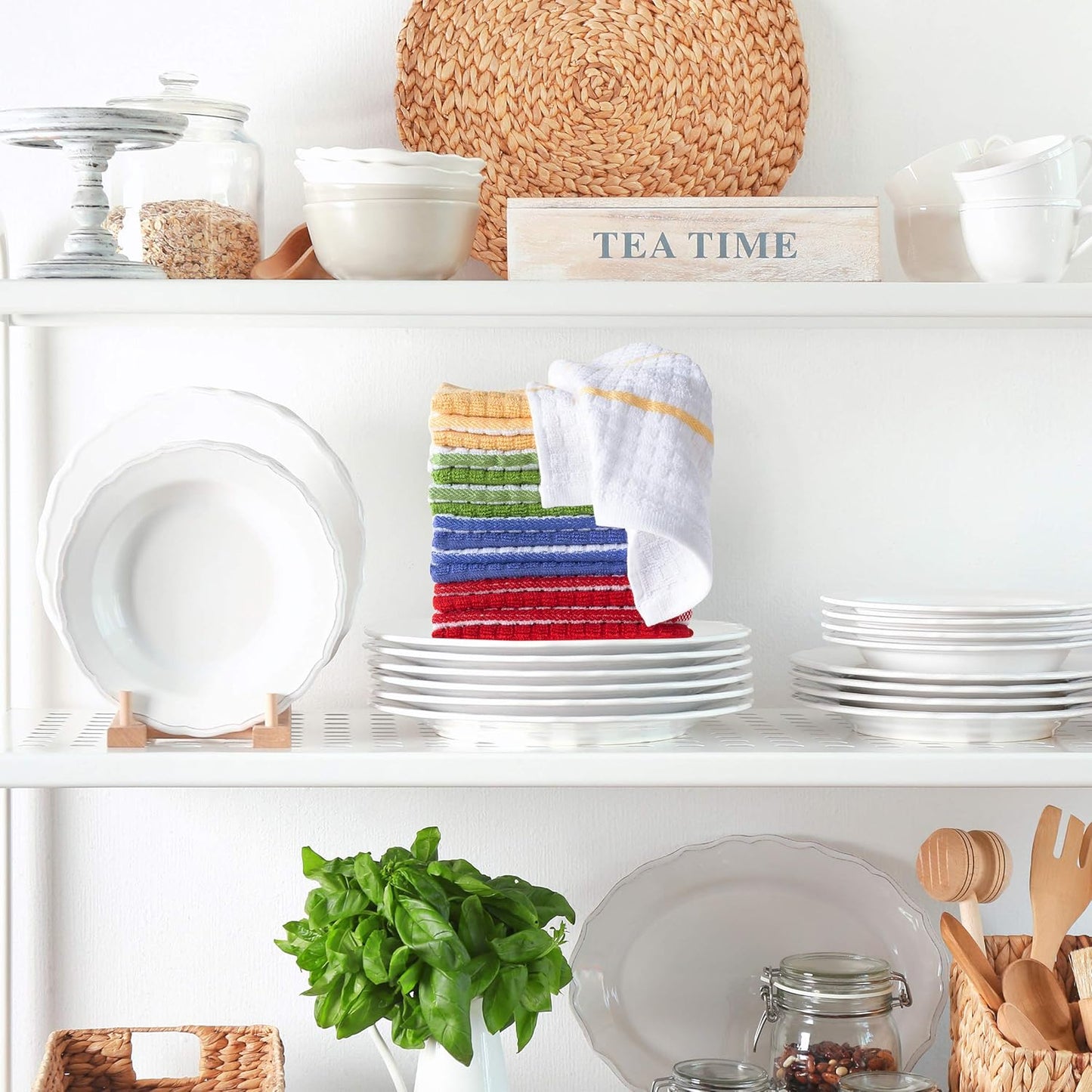 Kitchen Dish Set of 16 - 100% Cotton Wash Cloths, Waffle Weave in 4 Colors for Cleaning by BH