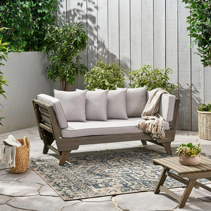 Christopher Knight Home Gary Patio Convertible Couch, Wooden Outdoor Daybed, 3-Seater Acacia Wood Patio Furniture Lounge Sofa for Backyard/Poolside/Garden, Back Pillow+Removable Cushion, Grey