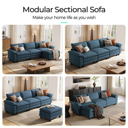 LINSY HOME 123'' Modular Sectional Sofa Blue Couch Corduroy Cloud Couches for Living Room, L Shaped Couch with Movable Ottoman, Modern Cloud Sectional Sofas for Bedroom and Apartment, Blue