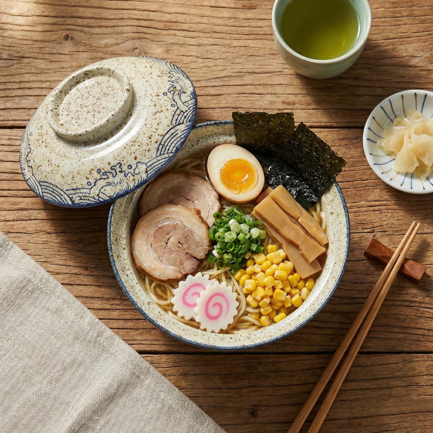 Ramen Bowl, DV 25 OZ Microwavable Japanese Korean Ramen Soup Bowl with Lid, Blue Fish and Wave Design