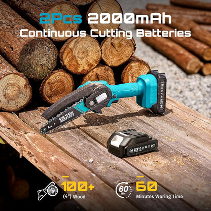 Seesii Mini Chainsaw - 6-Inch Cordless Electric Power Saw with 2 Batteries | Ideal for Tree Trimming & Wood Cutting