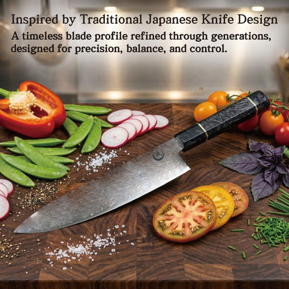 narihajito Carbon Fiber Gyuto Knife 240mm (9.5 inch) – 67 Layer Damascus, Carbon Fiber Resin Octagonal Handle